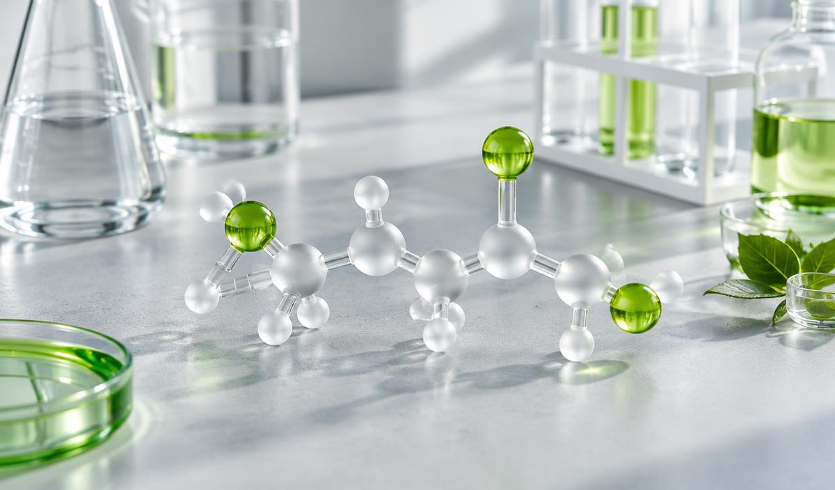 Conceptual glass molecular model in a laboratory setting illustrating ketone research