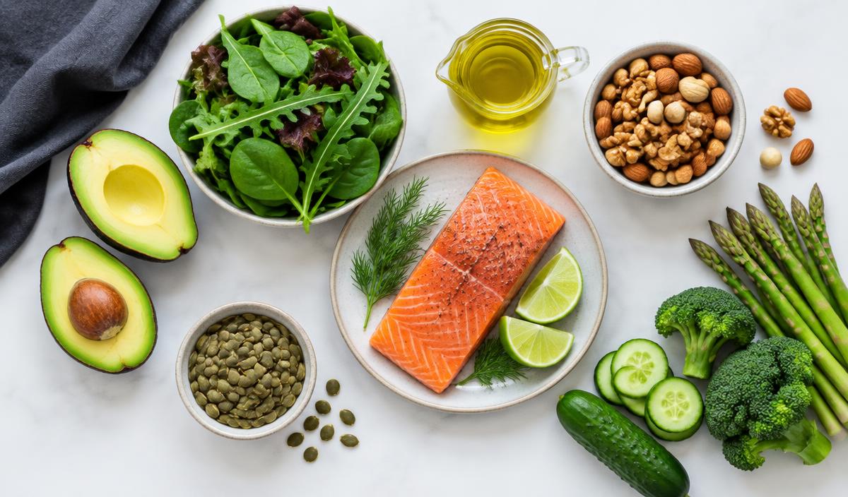 Low-carbohydrate meal ingredients including salmon, avocado, leafy greens, nuts and olive oil