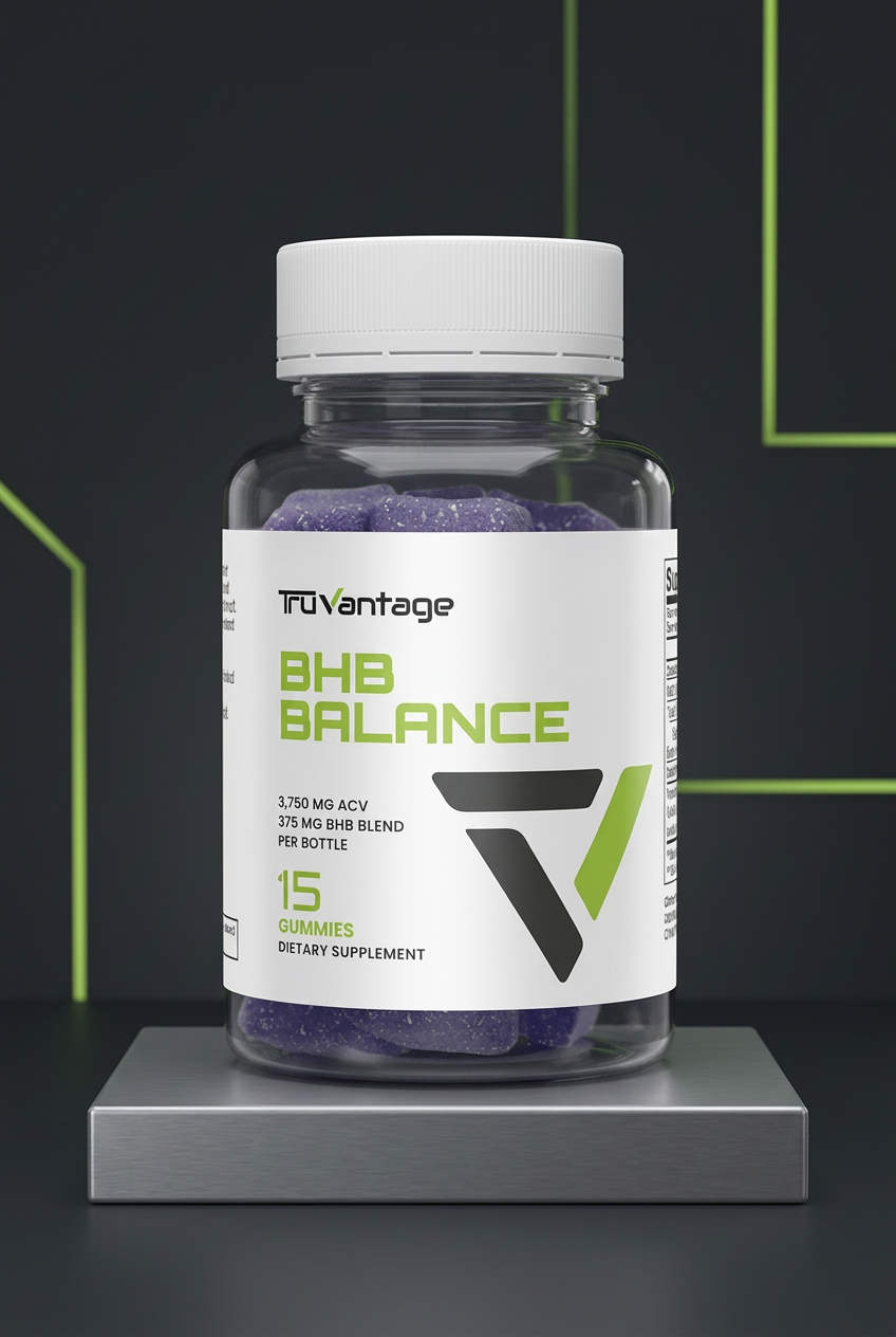 TruVantage BHB Balance bottle with purple gummies, presented on a metal plinth